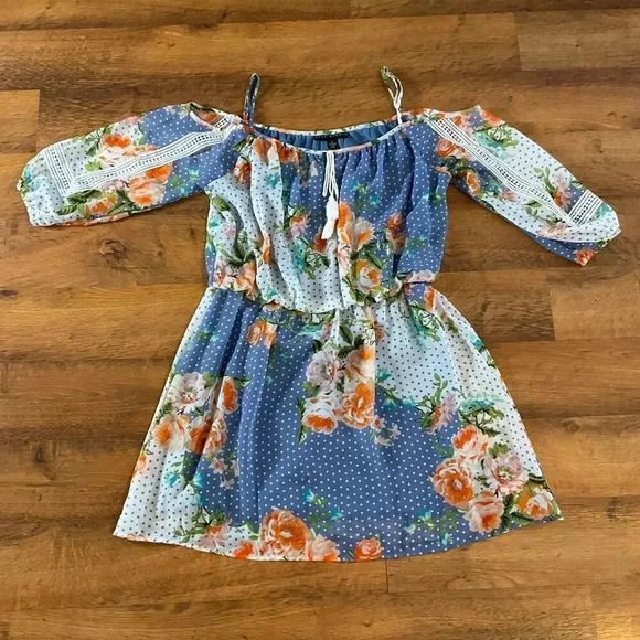 City Studio Women's‎ Blue Polka Dots Floral Straps Dress Sz. L - Picture 1 of 8